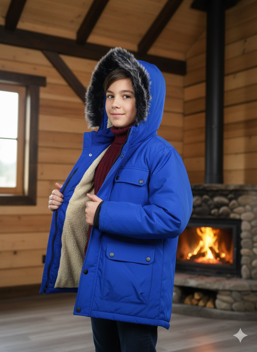 Mit Fell gefütterte Winter-Parka-Jacke für Kinder 5139 - Blau