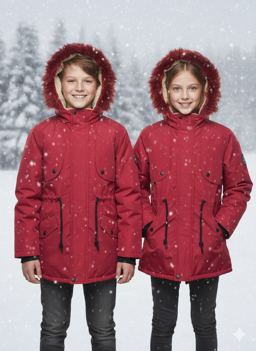 Mit Fell gefütterte Winter-Parka-Jacke für Kinder 5138 - Rot