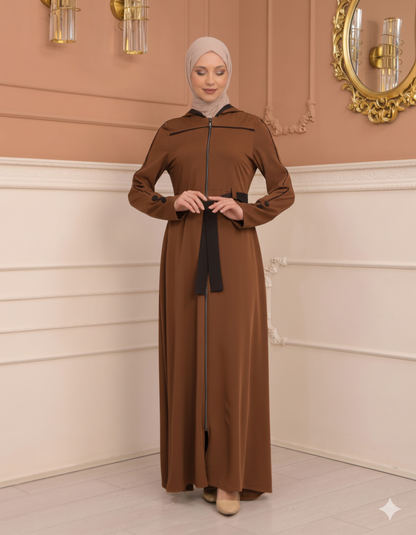 Weit schwingende Abaya mit marokkanischer Kapuze 699 - Cognac
