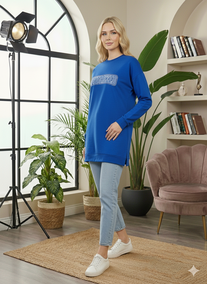 Langes Baumwoll-Sweatshirt mit modischem Print 103 - Blau