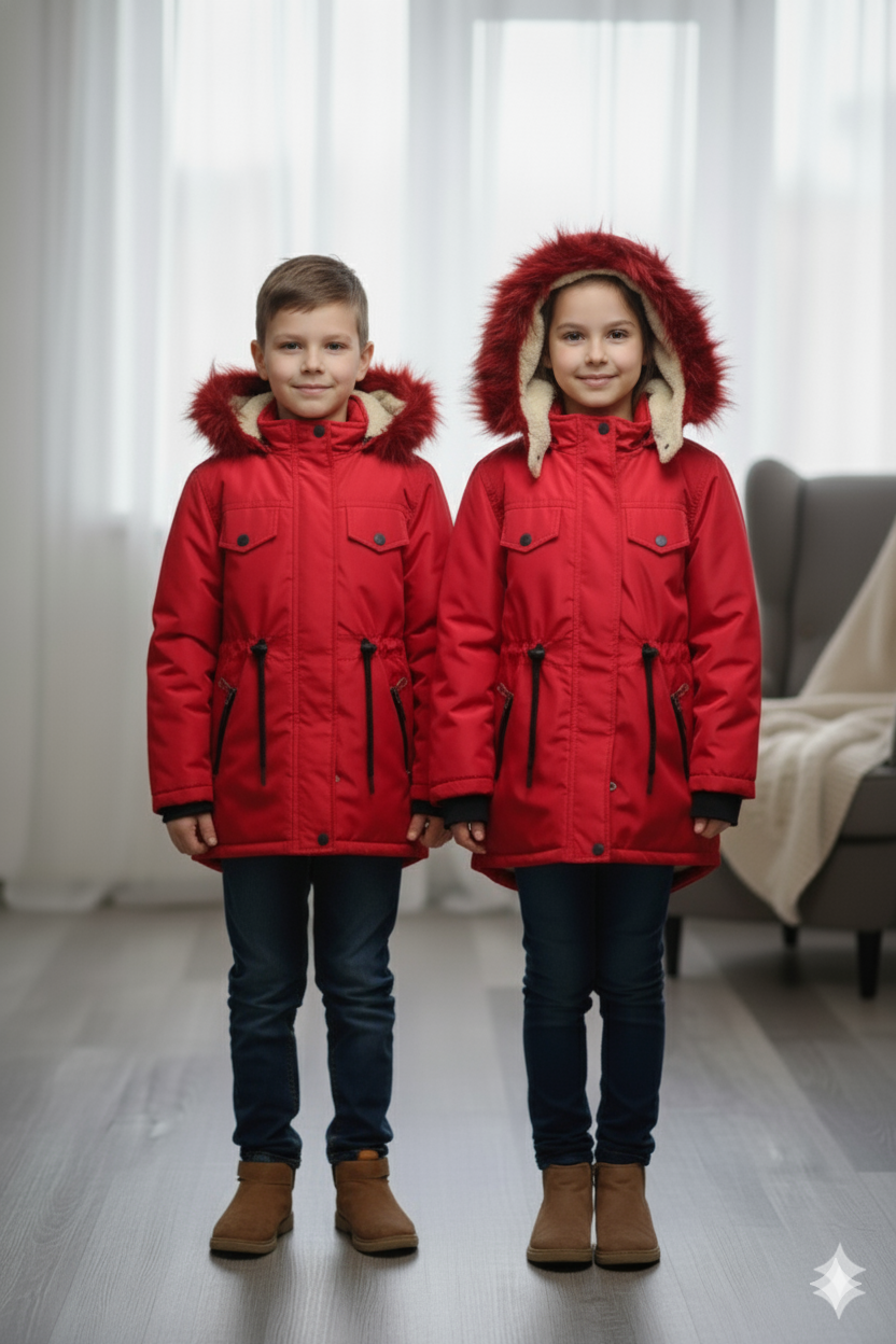 Mit Pelz gefütterte Kinder-Leinenjacke 5136 - Rot