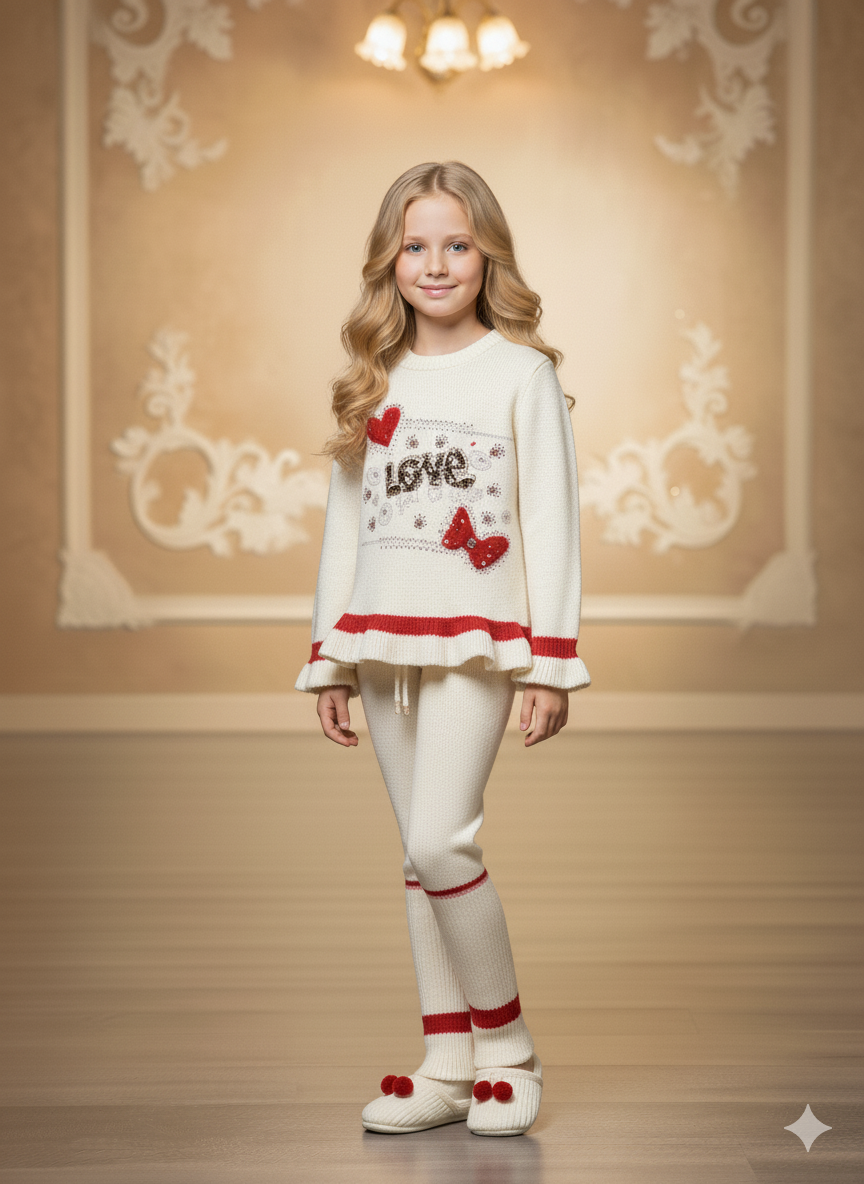Mädchen Winter Strickset mit Pailletten 3107 - Ecru