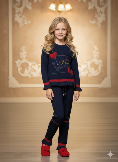 Mädchen Winter Strickset mit Pailletten 3107 - Dunkelblau