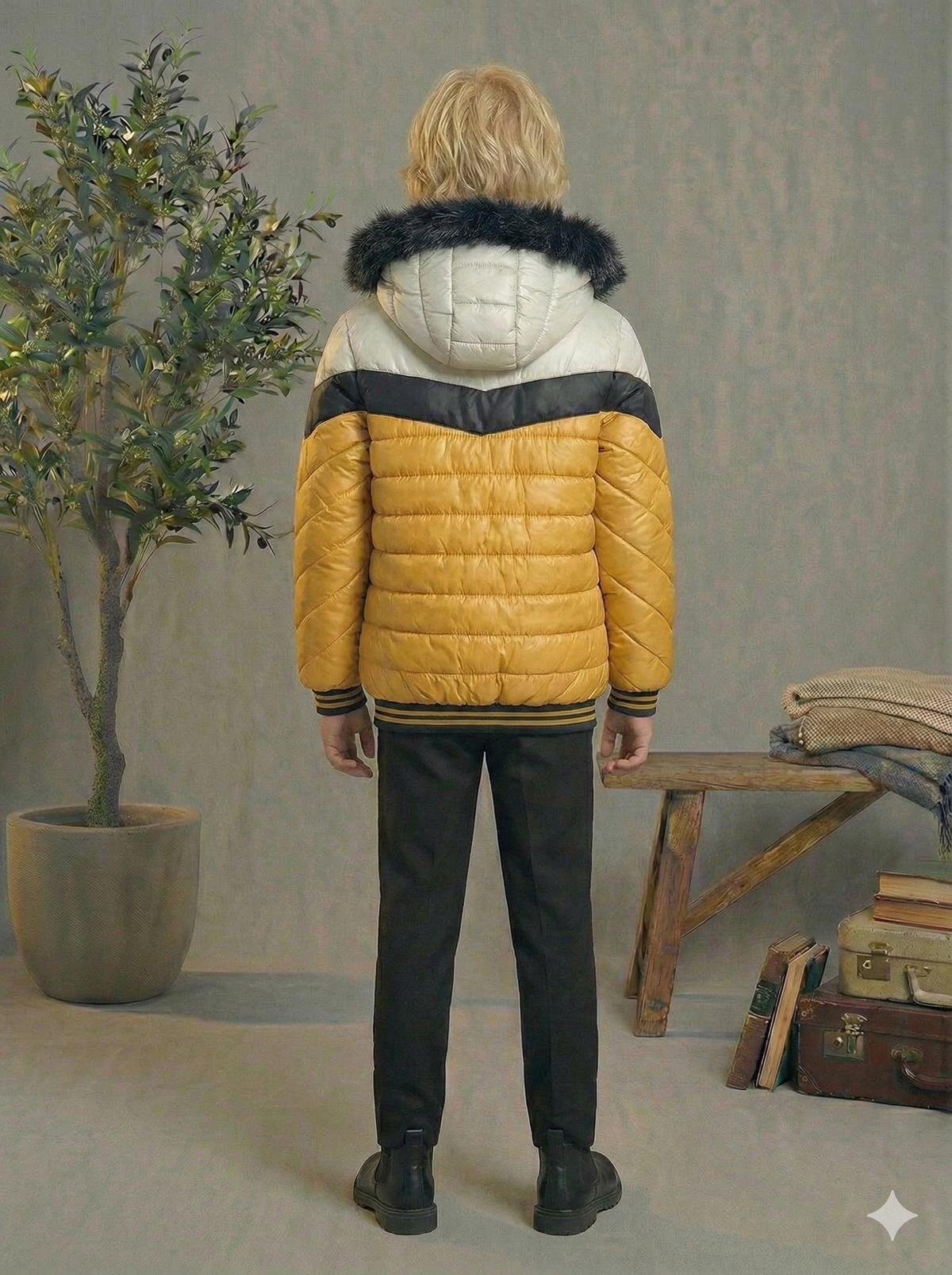 Gefütterte Pufferjacke mit Chevron-Steppung und Fellfutter 5148 - Gelb