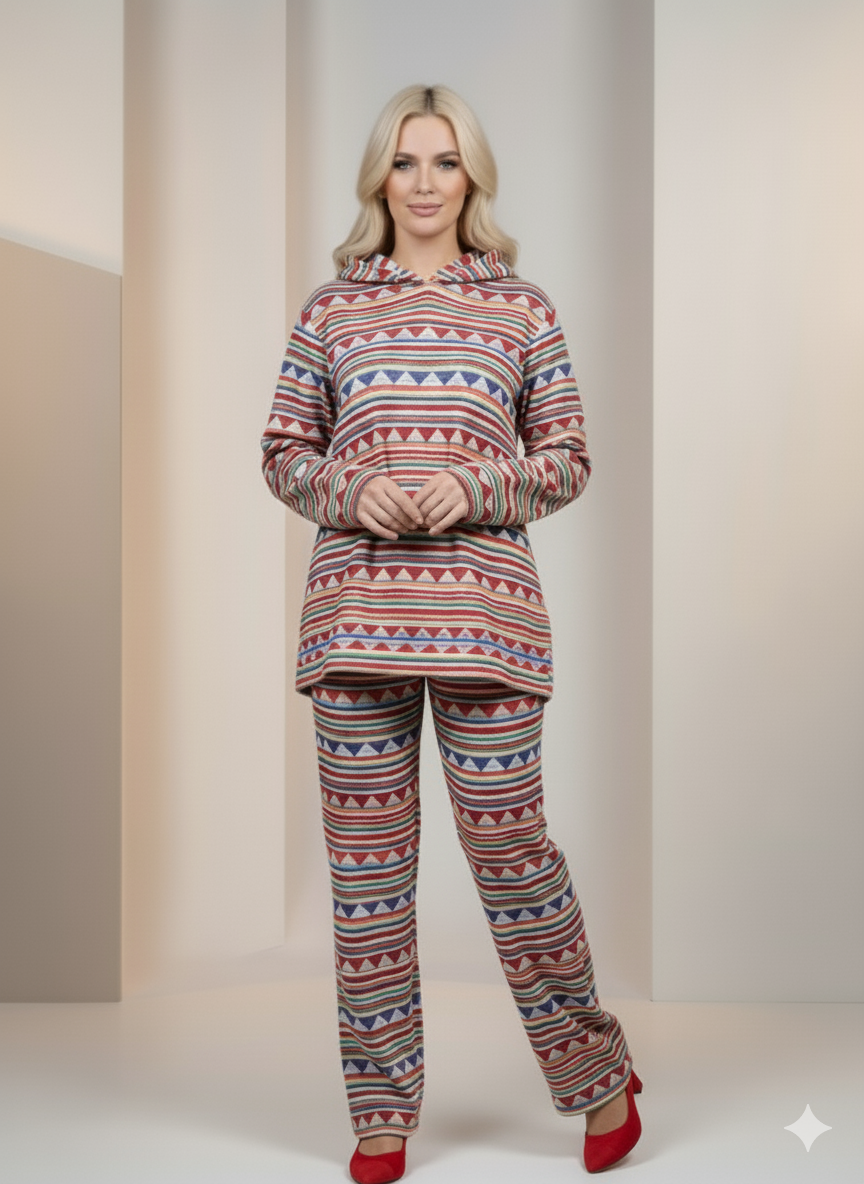 Damen Winter-Pyjama aus weichem Filzstoff (Fleece) mit Kapuze 1028 - Rot