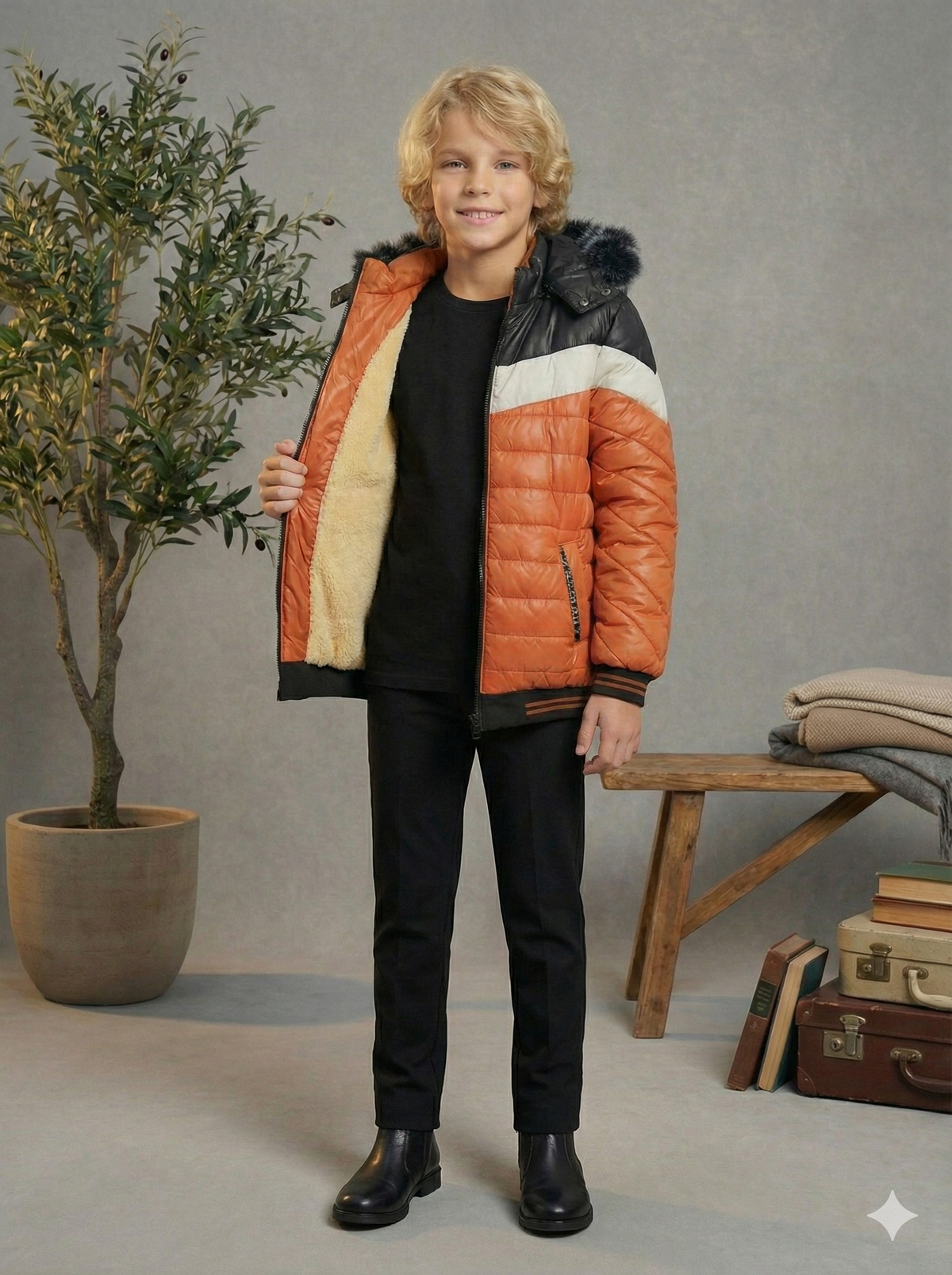 Gefütterte Pufferjacke mit Chevron-Steppung und Fellfutter 5148 - Ziegelrot