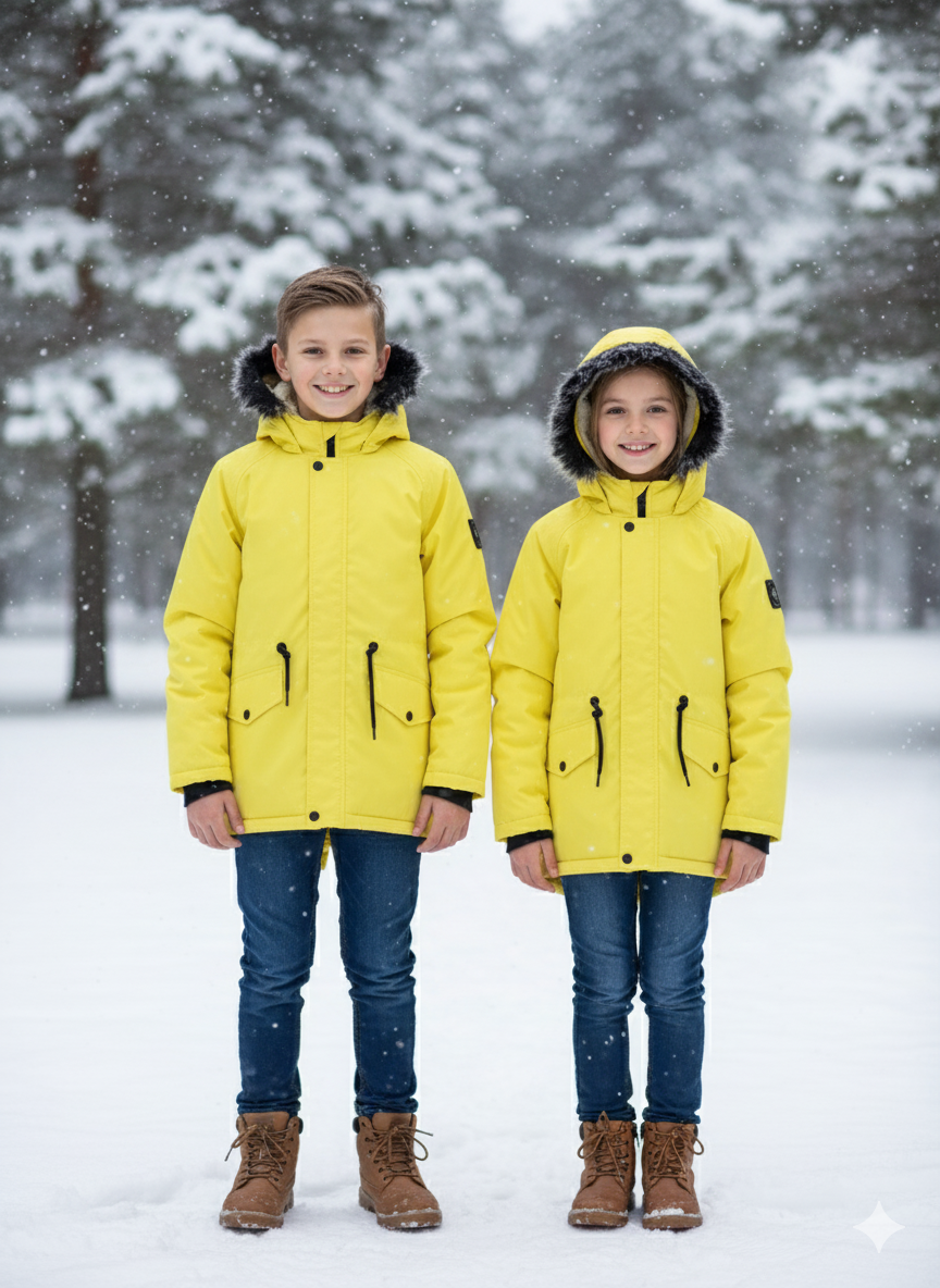 Mit Fell gefütterte Winter-Parka-Jacke für Kinder 5138 - Gelb