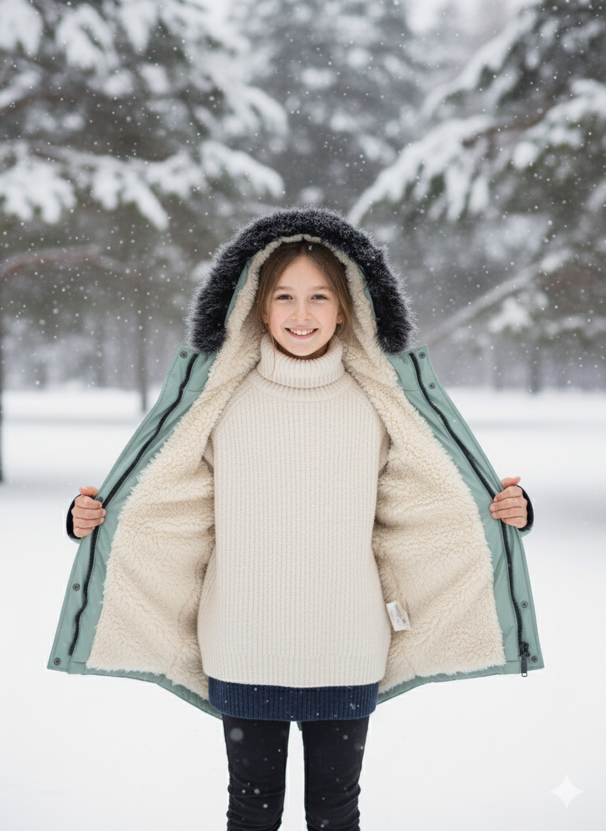 Mit Fell gefütterte Winter-Parka-Jacke für Kinder 5138 - Mint