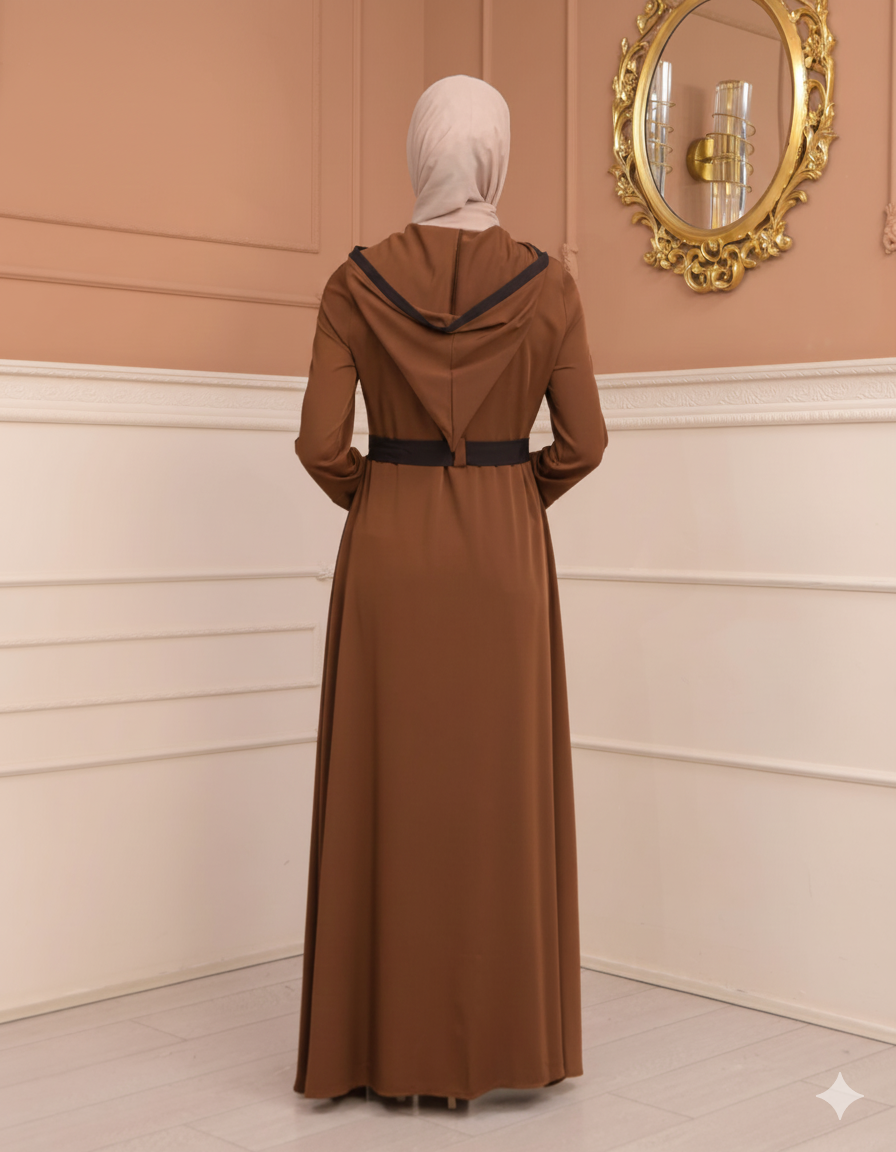 Weit schwingende Abaya mit marokkanischer Kapuze 699 - Cognac