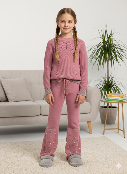 Mädchen Winter Strickset mit Perlenstickerei 3108 - Fuchsia