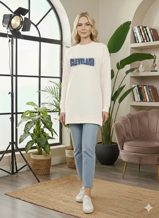 Langes Baumwoll-Sweatshirt mit modischem Print 103 - Weiß