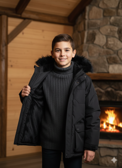 Mit Fell gefütterte Winter-Parka-Jacke für Kinder 5139 - Schwarz