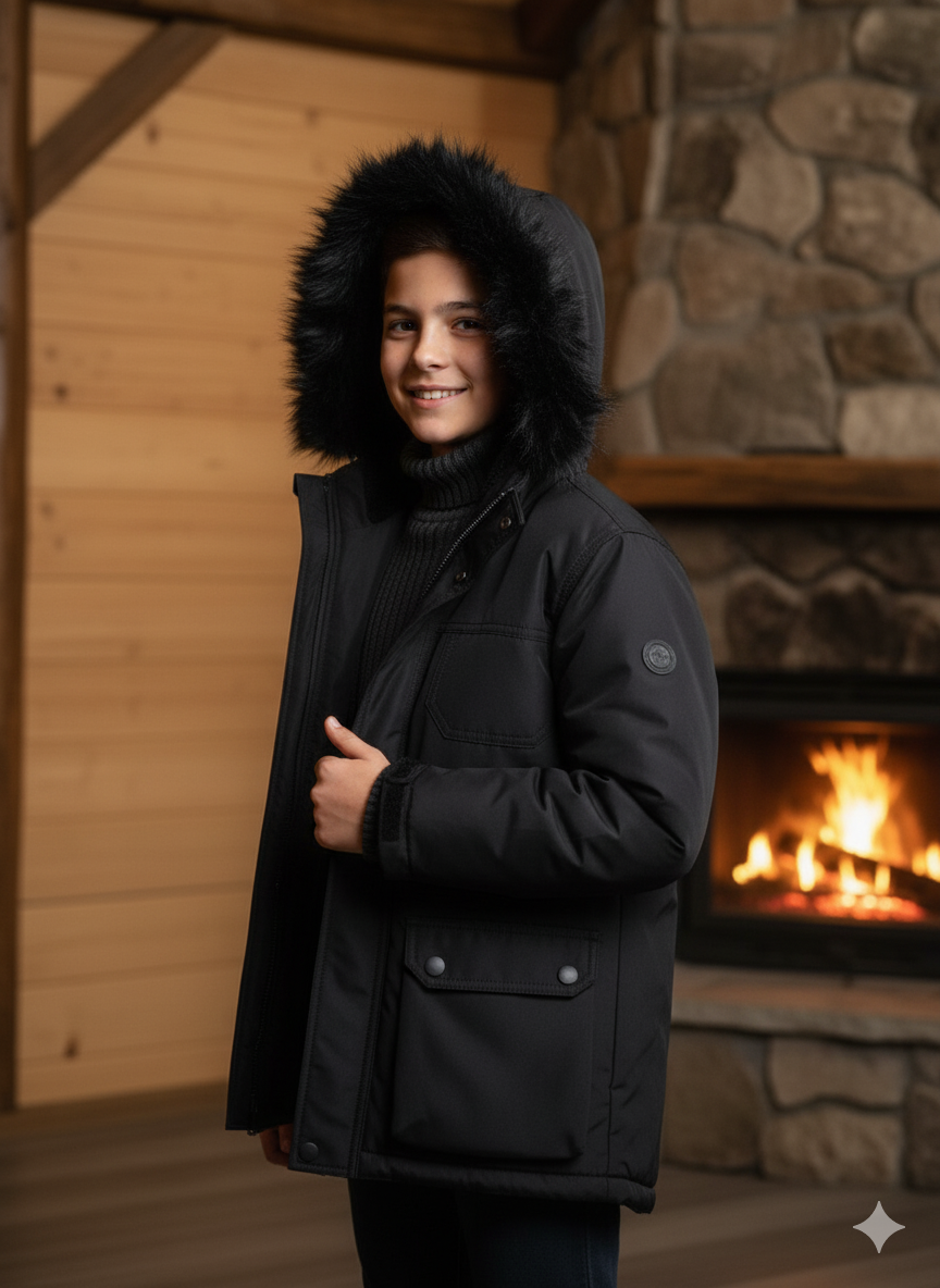 Mit Fell gefütterte Winter-Parka-Jacke für Kinder 5139 - Schwarz