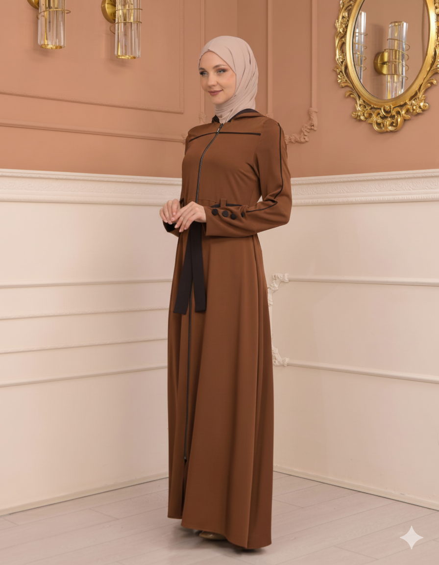 Weit schwingende Abaya mit marokkanischer Kapuze 699 - Cognac