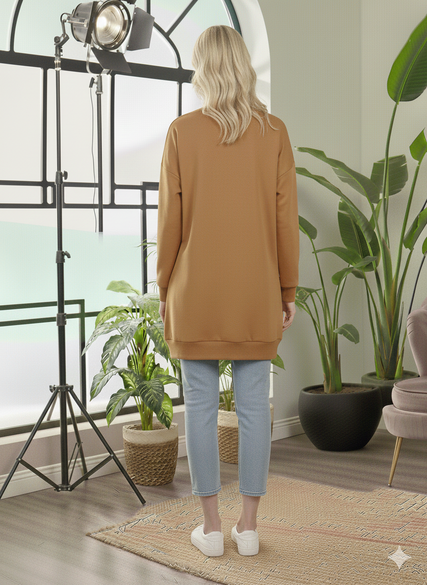 Langes Baumwoll-Sweatshirt mit trendigem Print 106 - Cognac