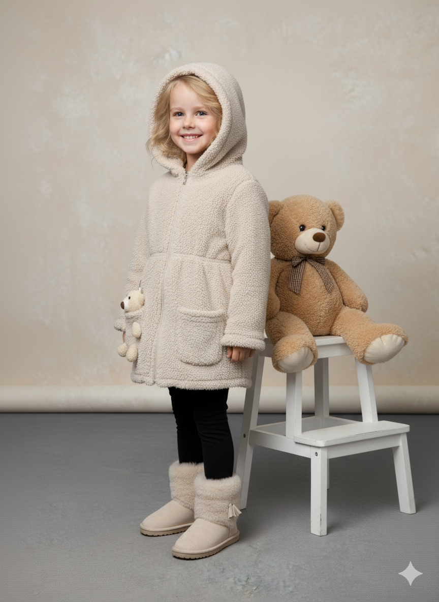 Mädchen Plüschjacke mit Kapuze 5002 - Beige