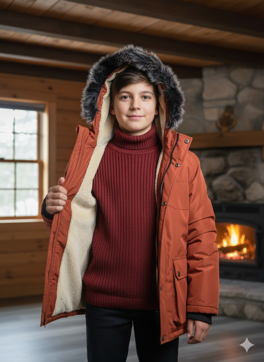 Mit Fell gefütterte Winter-Parka-Jacke für Kinder 5139 - Ziegelrot