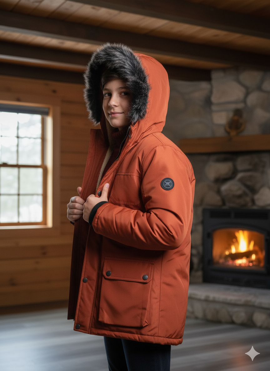 Mit Fell gefütterte Winter-Parka-Jacke für Kinder 5139 - Ziegelrot
