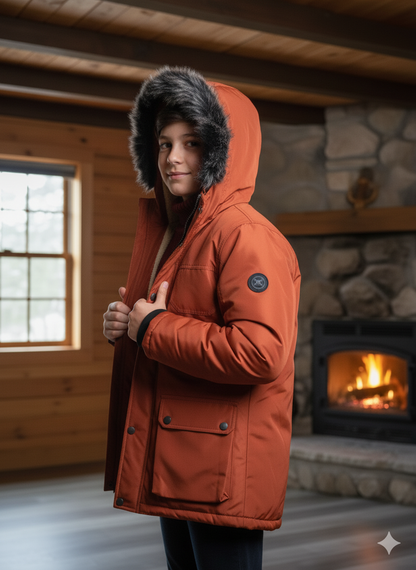 Mit Fell gefütterte Winter-Parka-Jacke für Kinder 5139 - Ziegelrot
