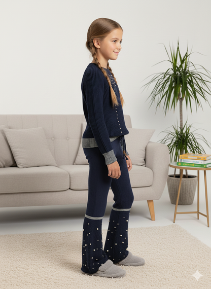 Mädchen Winter Strickset mit Perlenstickerei 3108 - Dunkelblau