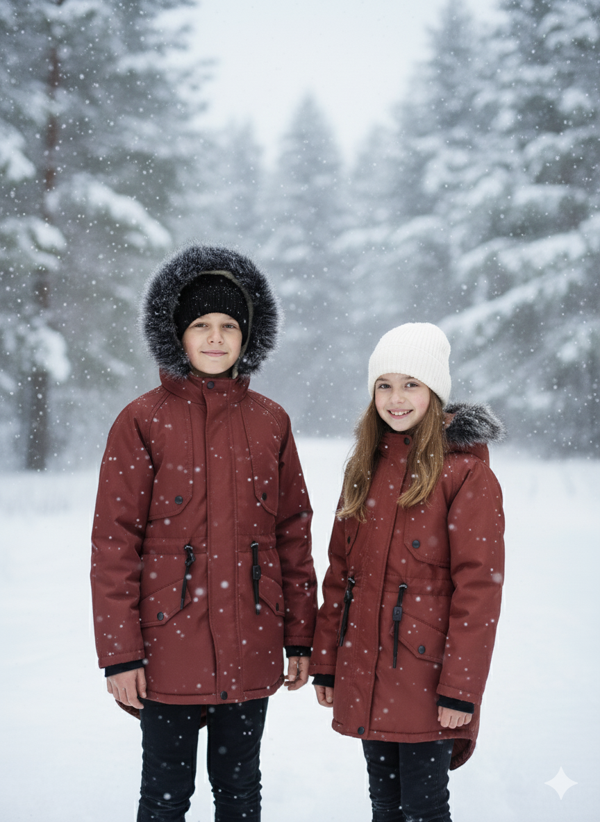 Mit Fell gefütterte Winter-Parka-Jacke für Kinder 5138 - Ziegelrot