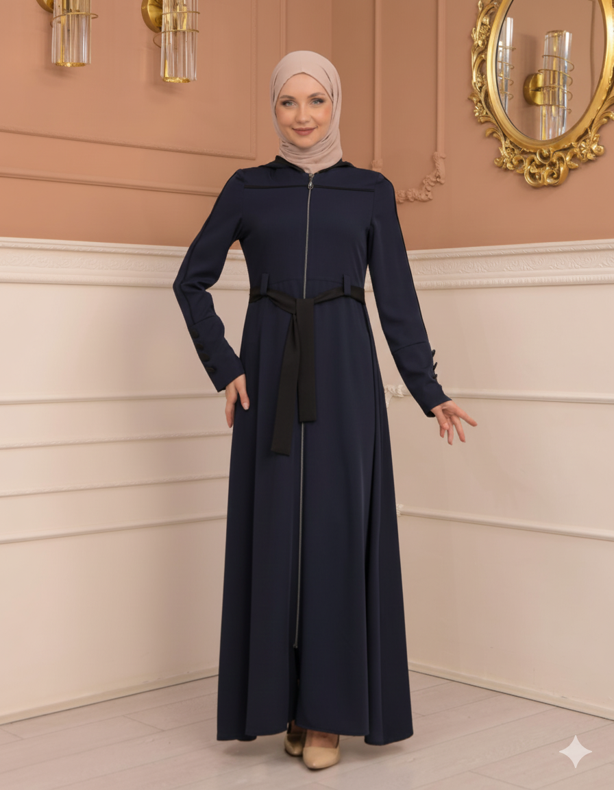 Weit schwingende Abaya mit marokkanischer Kapuze 699 - Dunkelblau