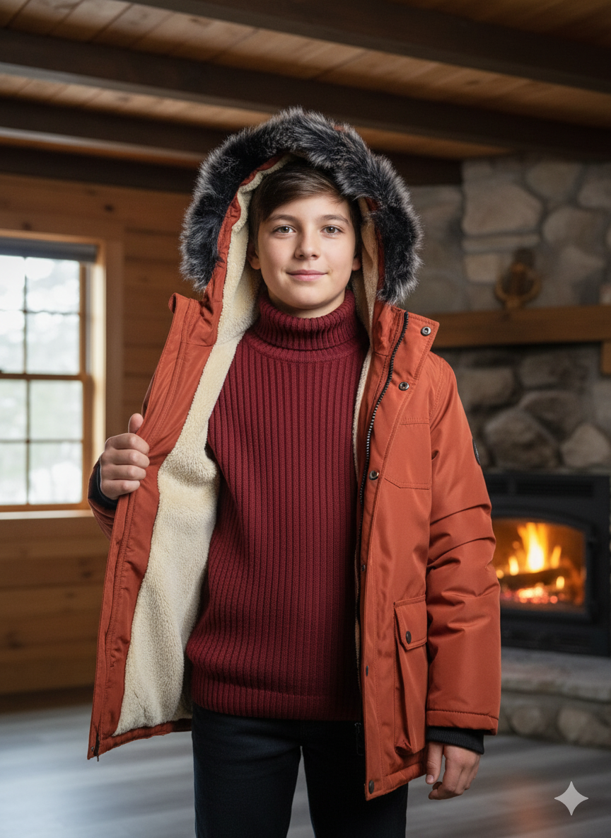 Mit Fell gefütterte Winter-Parka-Jacke für Kinder 5139 - Ziegelrot