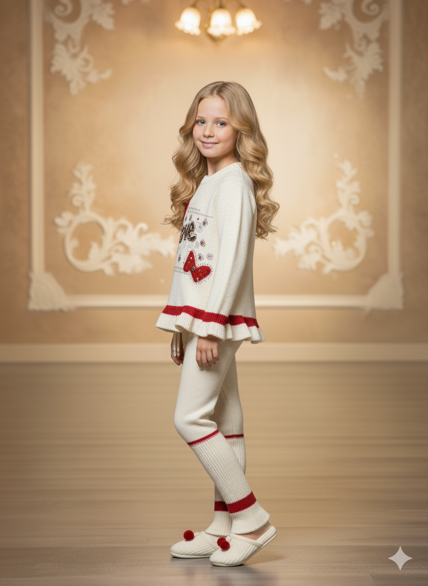 Mädchen Winter Strickset mit Pailletten 3107 - Ecru