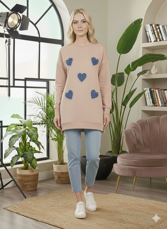 Langes Baumwoll-Sweatshirt mit verschiedenen Prints 105 - Beige