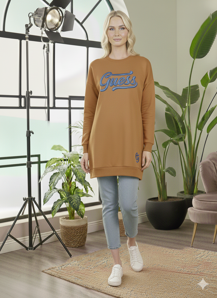 Langes Baumwoll-Sweatshirt mit trendigem Print 106 - Cognac