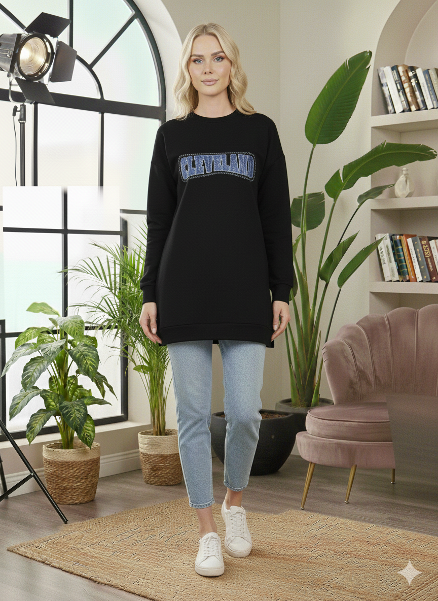 Langes Baumwoll-Sweatshirt mit modischem Print 103 - Schwarz