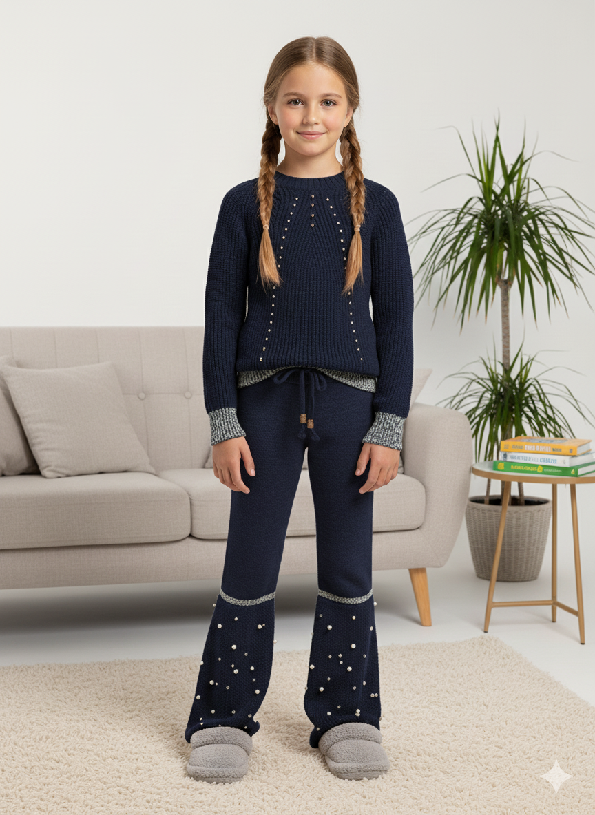 Mädchen Winter Strickset mit Perlenstickerei 3108 - Dunkelblau