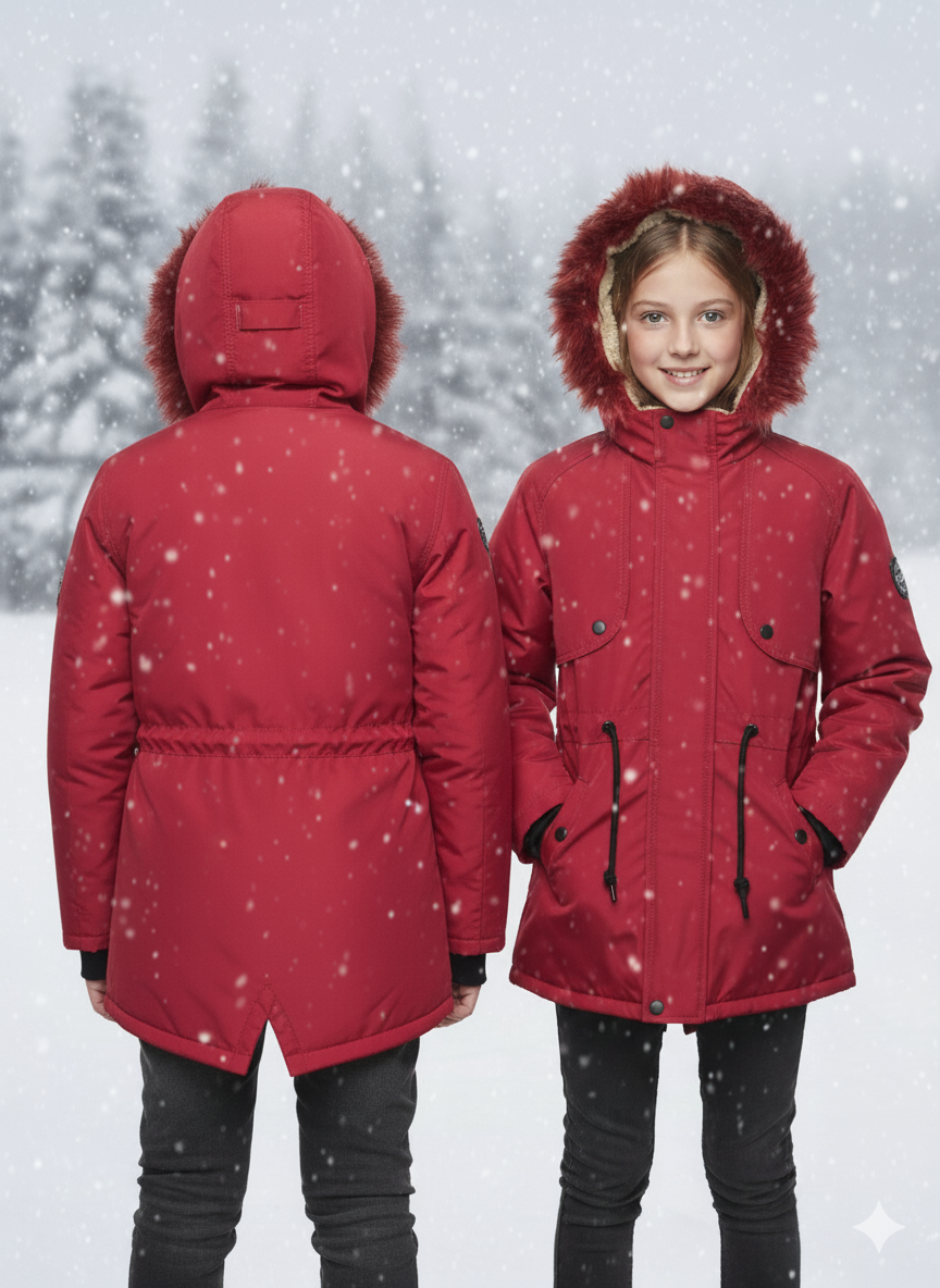 Mit Fell gefütterte Winter-Parka-Jacke für Kinder 5138 - Rot
