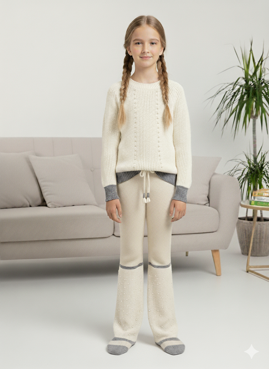 Mädchen Winter Strickset mit Perlenstickerei 3108 - Ecru