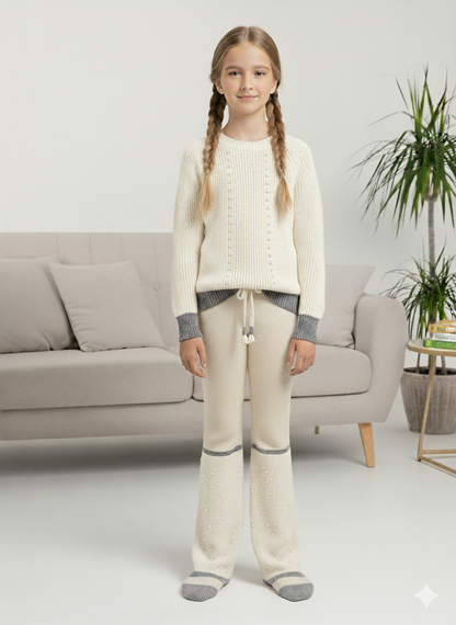 Mädchen Winter Strickset mit Perlenstickerei 3108 - Ecru