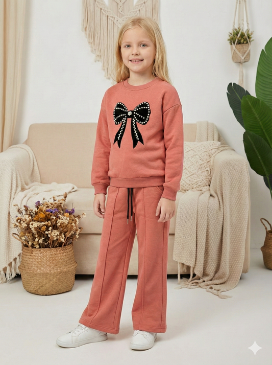 Mädchen Winter-Set aus Baumwolle (3-Faden) mit Schleifen-Applikation 3112 - Fuchsia