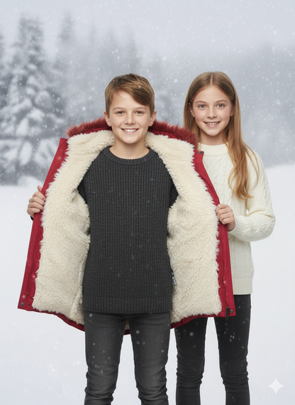 Mit Fell gefütterte Winter-Parka-Jacke für Kinder 5138 - Rot
