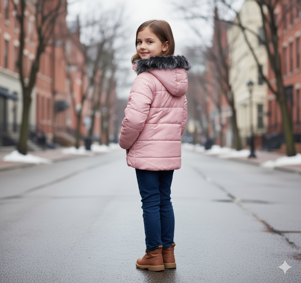 Mit Fell gefütterte Dacron-Pufferjacke für Kinder 5146 - Rosa