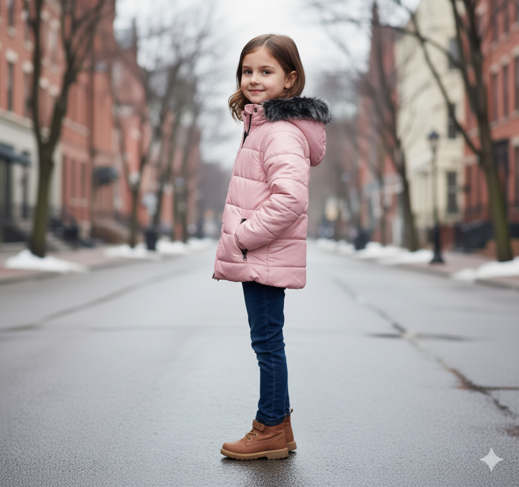 Mit Fell gefütterte Dacron-Pufferjacke für Kinder 5146 - Rosa