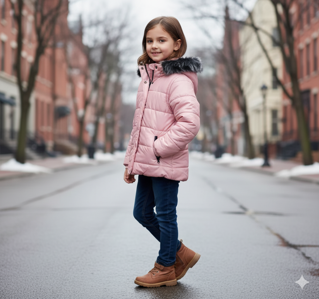 Mit Fell gefütterte Dacron-Pufferjacke für Kinder 5146 - Rosa