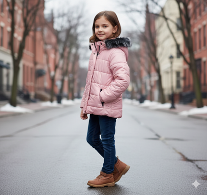 Mit Fell gefütterte Dacron-Pufferjacke für Kinder 5146 - Rosa