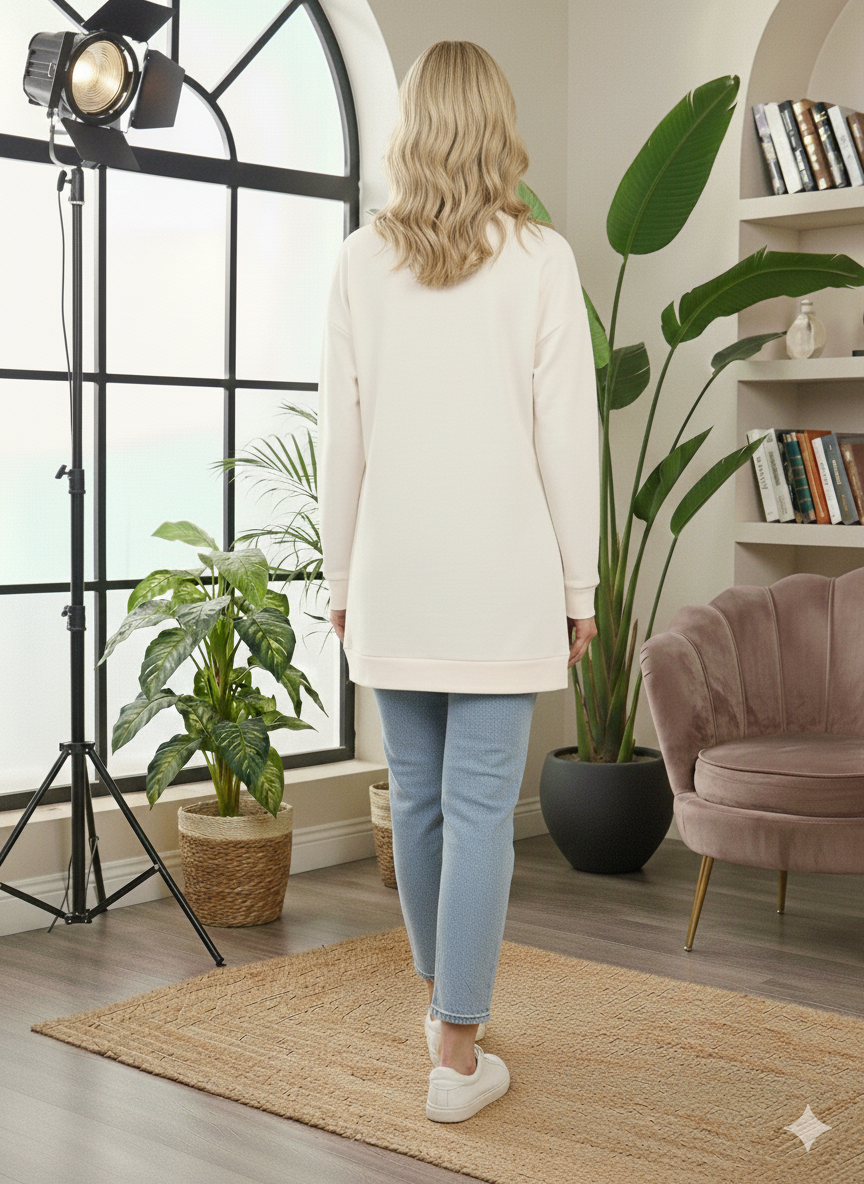 Langes Baumwoll-Sweatshirt mit modischem Print 103 - Weiß