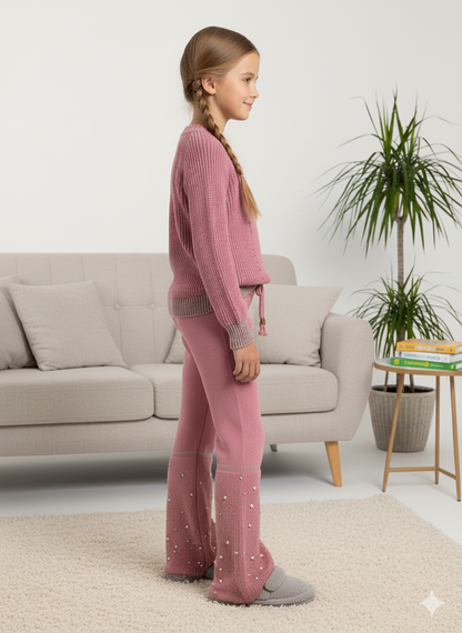 Mädchen Winter Strickset mit Perlenstickerei 3108 - Fuchsia