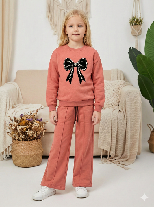 Mädchen Winter-Set aus Baumwolle (3-Faden) mit Schleifen-Applikation 3112 - Fuchsia