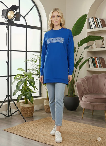 Langes Baumwoll-Sweatshirt mit modischem Print 103 - Blau
