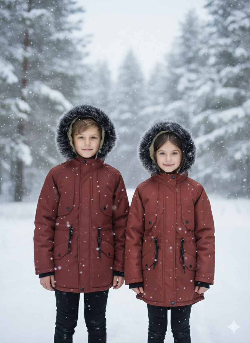 Mit Fell gefütterte Winter-Parka-Jacke für Kinder 5138 - Ziegelrot