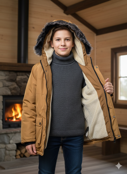 Mit Fell gefütterte Winter-Parka-Jacke für Kinder 5139 - Braun