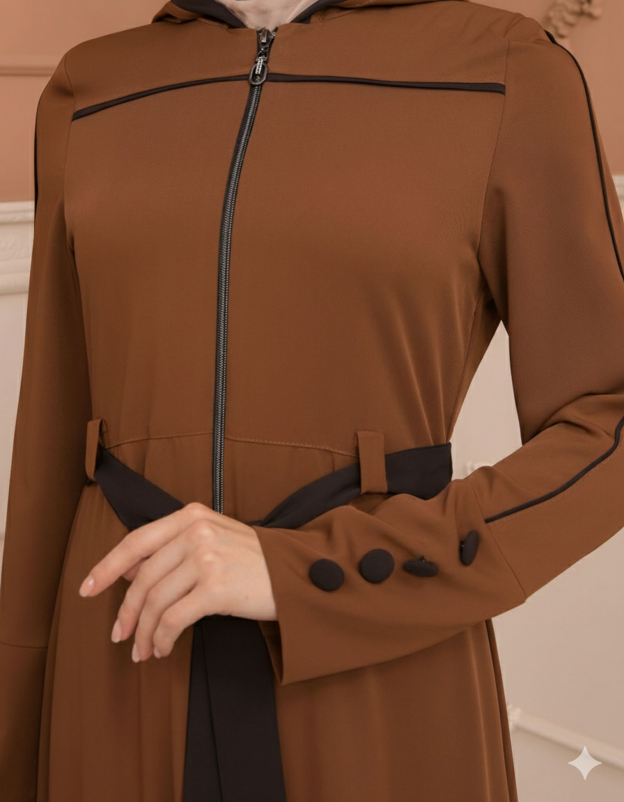 Weit schwingende Abaya mit marokkanischer Kapuze 699 - Cognac