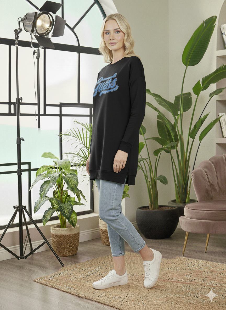 Langes Baumwoll-Sweatshirt mit trendigem Print 106 - Schwarz