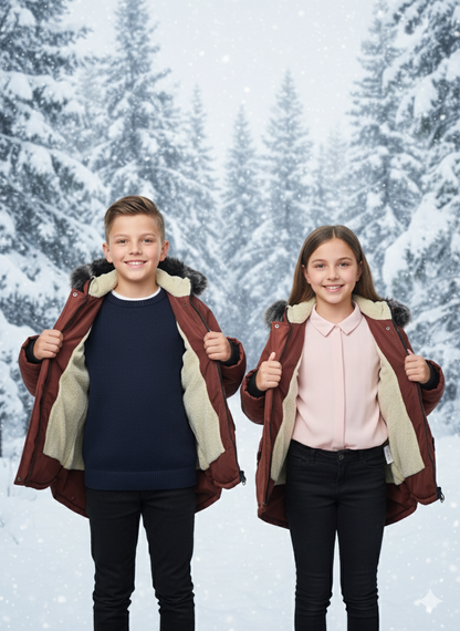 Mit Fell gefütterte Winter-Parka-Jacke für Kinder 5138 - Ziegelrot